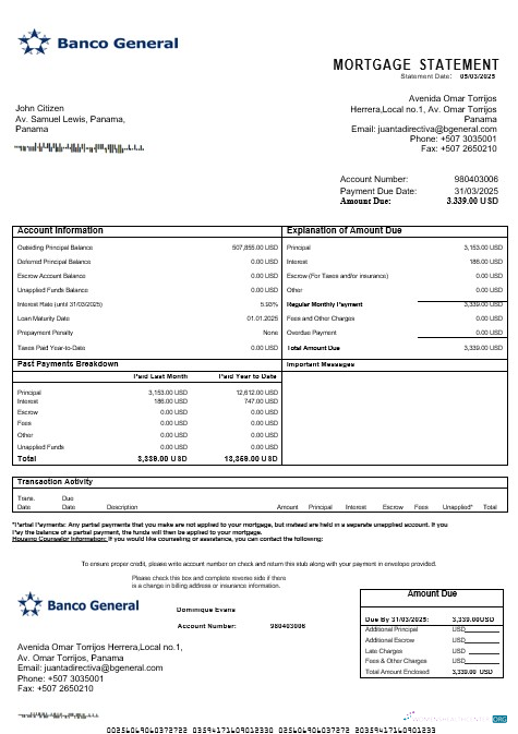 Download Panama Banco General mortgage statement in Word and PDF formats Photoshop template